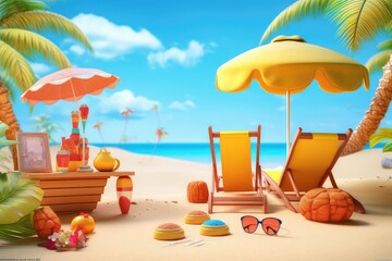 Tropical beach with summer vacation sunbathing accessories, ai generative