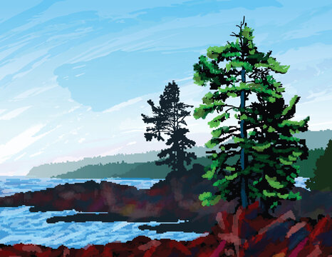Beautifull digital painting depicting a scene from the rugged west coast of Vancouver Island BC.