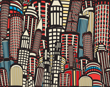 Colorful editable vector illustration of tall city buildings