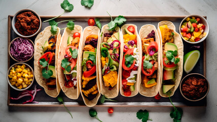 Mexican tacos with various vegetables. Generative AI.