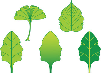 green leaves with human face silhouettes, vector set