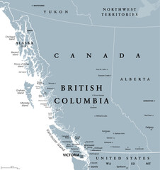 British Columbia, BC, province of Canada, gray political map. Situated on the Pacific Ocean, bordered by Alberta, Northwest Territories, Yukon, and the US states Alaska, Idaho, Montana and Washington. - 608626932