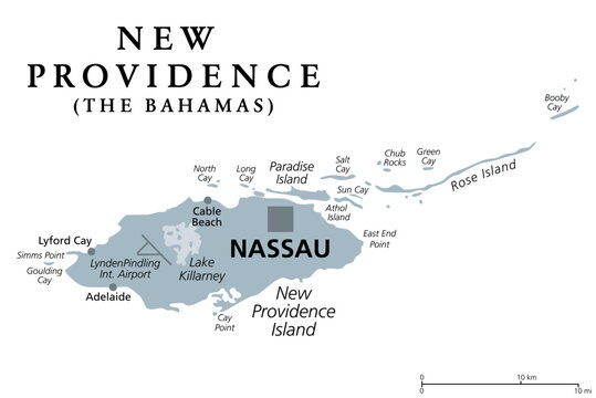 New Providence Island, gray political map, with Nassau, capital of The Bahamas, an island country within the West Indies in the North Atlantic. The capital boundaries are coincident with the island.