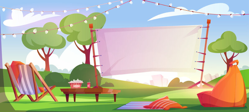 Cinema in open air. Big screen for night show. Outside watching movie theater. Green landscape in backyard with sun lounger, table, popcorn, cozy chairs and pillows. Cartoon flat vector illustration
