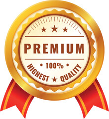 Premium quality golden circle badge with red ribbon isometric vector illustration