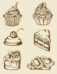 Set of vintage hand drawn cakes and chocolate