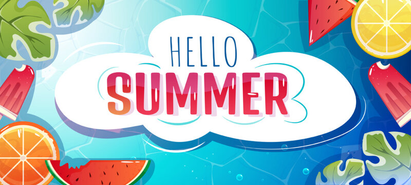 Summer layout poster. Horizontal flyer for advertising and websites. Colorful banner with fruits and swimming pool. Vacation, beach season and travel concept. Cartoon flat vector illustration