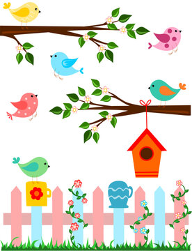 Cartoon illustration of birds with fence and bird house