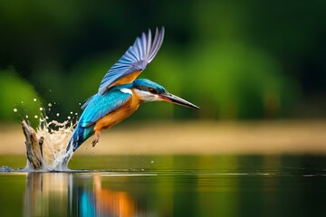 A delicate and agile kingfisher diving into the water, capturing a fish with remarkable precision and speed