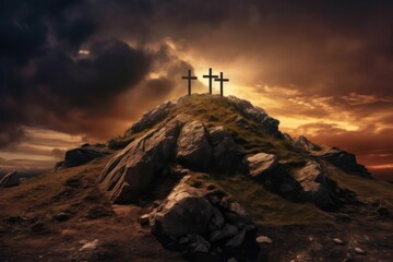 Three wooden crosses on hill at sunset background. Death and resurrection of Jesus Christ. Easter concept. Generative AI