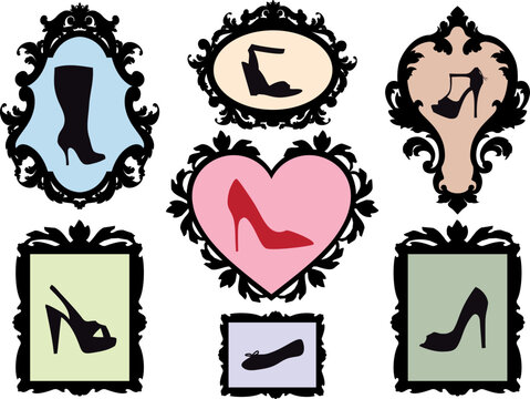 shoe silhouettes in antique picture frames, vector set