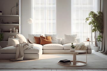 White furniture in the room, living room interior with green houseplants