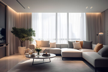 White furniture in the room, living room interior with green houseplants
