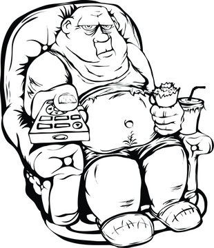 The fat guy is sitting in a chair with remote control in hand. Contour isolated picture.