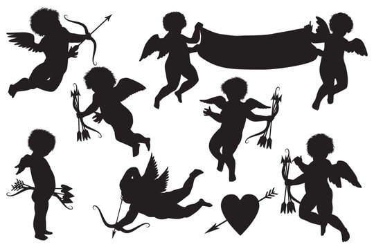 cute cupid silhouettes isolated on white background