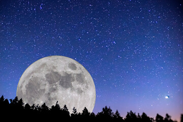Fototapeta na wymiar Full moon. Stars. super full moon. Full moon with the background full of stars in the galaxy. Horizontal photography. The Galaxy. With silhouette of trees. Sturgeon moon. Photo. 1 August 2023.