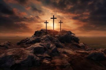Three wooden crosses on hill at sunset background. Death and resurrection of Jesus Christ. Easter concept. Generative AI