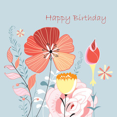 colorful greeting card with colored flowers on a gray