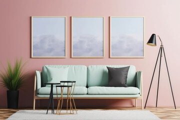 Green sofa, plant, coffee table, light in pink living room interior. Generative AI
