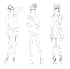 Young beautiful girls fashion illustration. Vector illustration. Background with teen females in fashionable clothes posing. Fashion illustration.