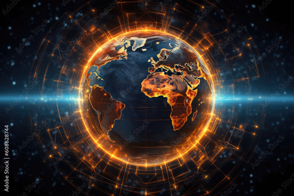 Wall mural global network connection covering the earth with lines of innovative perceptron. generative ai