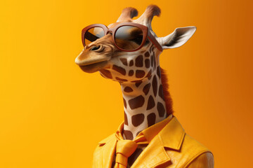 Portrait of a funny giraffe with modern sunglasses over colorful background. Generative AI