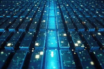Obraz premium Working data center, operations center, supercomputers with blue neon visualization projection of data transmission. Macro of sparkle data processing in server room. Generative AI