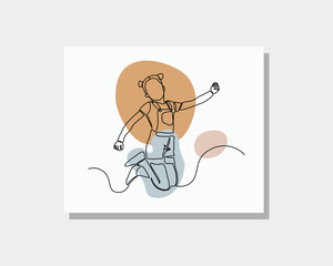 Continuous single one line drawing art of happy little girl jump and cheers show freedom and happiness vector illustration