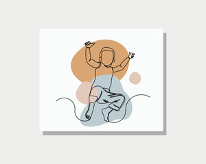 Continuous single one line drawing art of happy little boy jump and cheers show freedom and happiness vector illustration