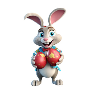   cute rabbit holding an easter egg 3d cartoon character with white background