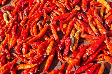 Closed up dried red chili peppers.