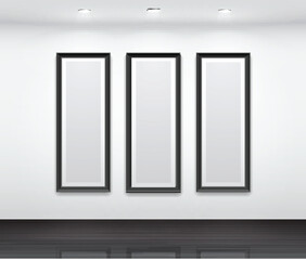 Gallery Interior with empty black frames for triptych.