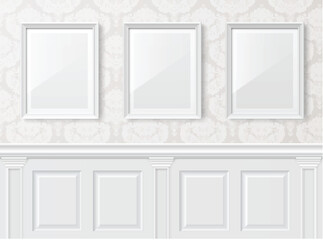 White vintage interior with frames on the wall.