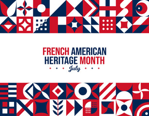 National French American Heritage Month Background. July Awareness Celebration Poster. Horizontal abstract banner vector illustration. Neo Geometric pattern concept. Website or post graphic resource