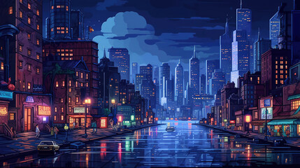 Night city. Game pixel art style like in old games of the 90's - obrazy, fototapety, plakaty
