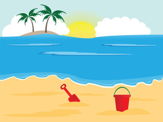 Summer holiday background, sunny beach with bucket and spade