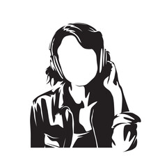 Young woman listening to music through headphones, isolated vector silhouette