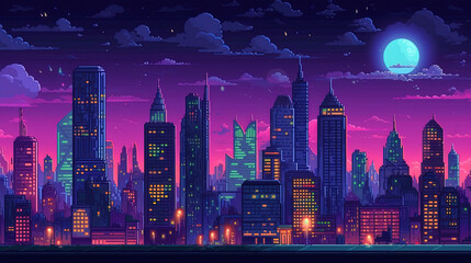 Night city. Game pixel art style like in old games of the 90's