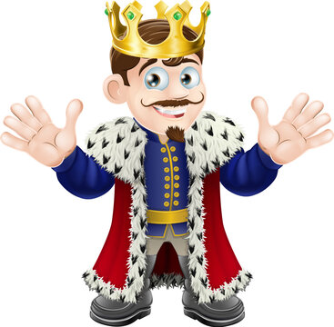 A fun King illustration with gold crown happily waving with both hands