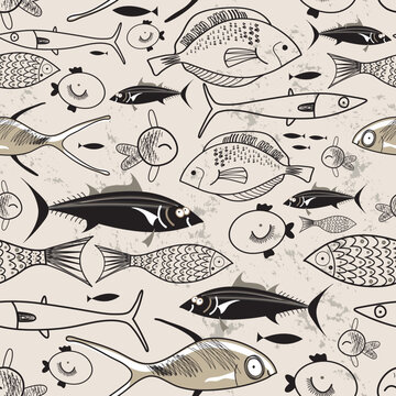 seamless graphic pattern with fish on a brown background