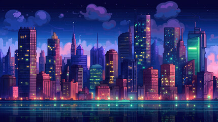 Night city. Game pixel art style like in old games of the 90's