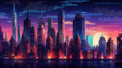 Fototapeta na wymiar Night city. Game pixel art style like in old games of the 90's