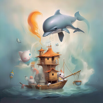 Cute Dolphins, Childrens Book Illustration, Generative AI