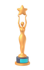 3d plasticine realism golden award icon. Bright voluminous statuette, movie ceremony reward. Social media, apps sticker. Prize, rank for winner. 3d vector illustration isolated on white background