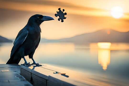 A crow using its beak to solve a puzzle or retrieve a treat, showcasing its problem-solving abilities