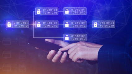 Businessman using a smartphone to Blockchain technology concept with chain of encrypted blocks to secure cryptocurrencies and bitcoin for online payments and money transaction.