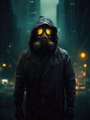 A man in a gas mask and a jacket with a hood, against the backdrop of the city. Digital art style. Generative ai.