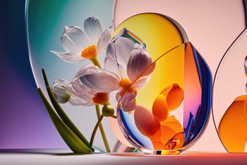 Beautiful Spring Flowers and abstract glass design, Close up, blossom, and bloom background. Pantone, color. generative ai