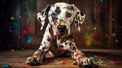 A photograph of a playful Dalmatian puppy covered in painting splash. Generative AI - obrazy, fototapety, plakaty