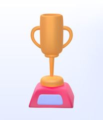 3d plasticine realism golden award icon. Bright cup for winner. Volume reaward in sports. Badge with goblet for apps. Colored prize sticker. 3d vector illustration isolated on white background